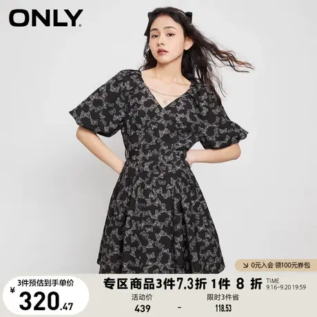 ONLY奥莱2023夏季新款百搭泡泡袖蝴蝶满印收腰短款连衣商品大图