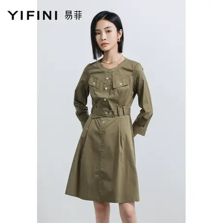 Yifini/易菲修身显瘦圆领衬衫裙女2023春秋新款七分袖通勤连衣裙图片