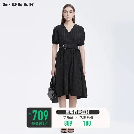 sdeer圣迪奥夏装黑色小众复古V领撞色格纹收腰连衣裙女S22281266图片