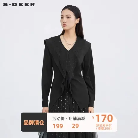 sdeer圣迪奥女装简约V领网纱拼接长袖衬衫S223Z0576📌商品大图