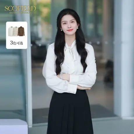 Scofield女装时髦飘带领衬衫白色长袖通勤上衣夏季上衣商品大图