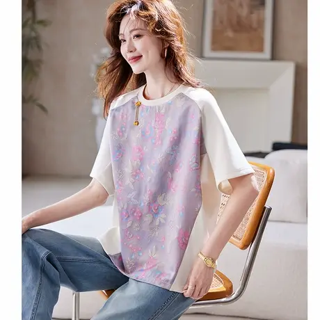 宝诗黎蝙蝠袖亮丝提花T恤2025夏季洋气新中式减龄宽松大码短袖女图片