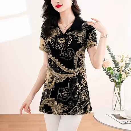 中长款印花短袖t恤女夏季2025新款时尚胖MM宽松显瘦遮肚子女上衣商品大图