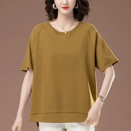 纯色短袖T恤女夏季宽松加肥加大码女装中年妈妈遮肚显瘦开叉体恤图片