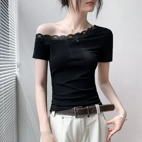 蕾丝斜肩短袖T恤女2025夏季新款外穿性感露肩修身显瘦设计感上衣图片
