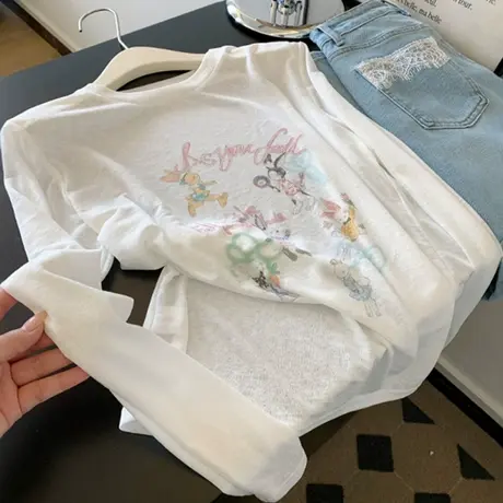 白色薄款微透印花长袖防晒罩衫T恤女2025新款爆款夏日绝美小上衣商品大图