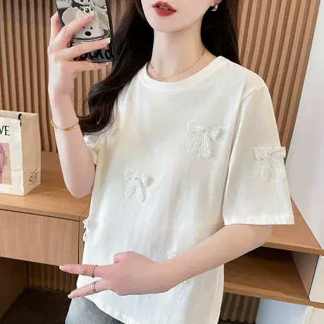 蝴蝶结短袖t恤女2025新款夏季韩版宽松大码女装设计感小众上衣服商品大图