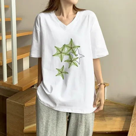 欧货慵懒风v领短袖女t恤正肩超火减龄遮肚子白色上衣服ins潮宽松商品大图