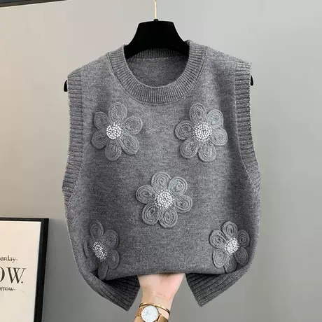 秋冬新款针织马甲女花朵贴布串珠甜美减龄圆领背心叠穿坎肩上衣潮商品大图