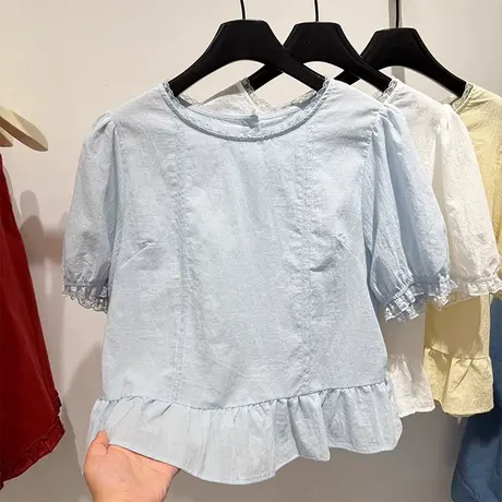 2025夏季新款韩版时尚圆领蕾丝拼接短袖宽松显瘦百搭上衣衬衫女商品大图
