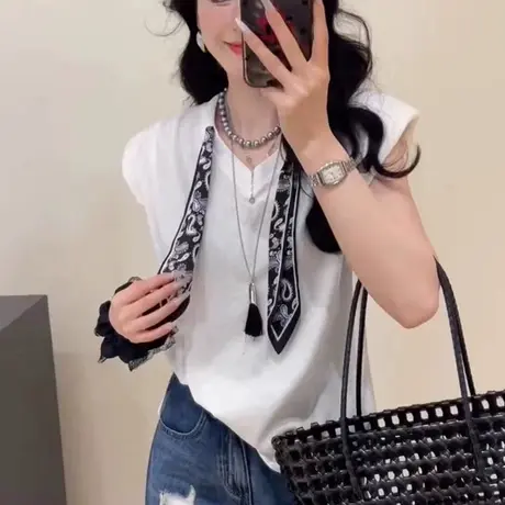 韩系设计感丝巾圆领小飞袖T恤女2025夏季新款时髦洋气百搭上衣潮图片