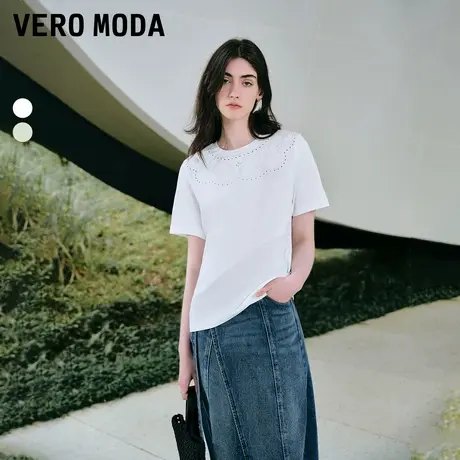 Vero Moda奥莱T恤女春秋新款休闲度假刺绣镂空纯棉短袖宽松上衣商品大图