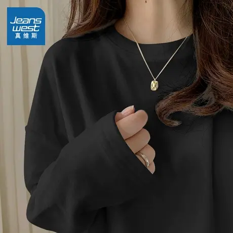 KMV真维斯黑色纯棉长袖正肩t恤女2025新款秋圆领宽松大码上衣体恤商品大图