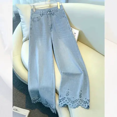 拉夏贝尔浅色天丝阔腿牛仔裤女夏薄款2025新款高腰刺绣花边直筒裤图片