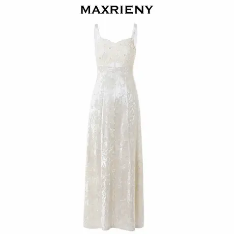 【奥莱】MAXRIENY复古感吊带蕾丝网纱拼接钻石绒连身裙图片