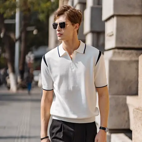 2025春夏季新款爆款半拉链丝光高档男士T恤针织打底衫短袖男翻领图片