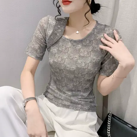欧货斜领T恤女短袖2024夏季新款时尚烫钻小衫气质不规则网纱上衣商品大图