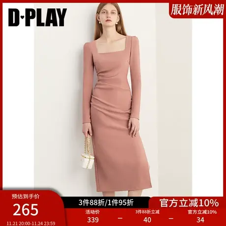 DPLAY春秋法式复古灰粉色独特长袖修身方领连衣裙裙子女包臀裙商品大图