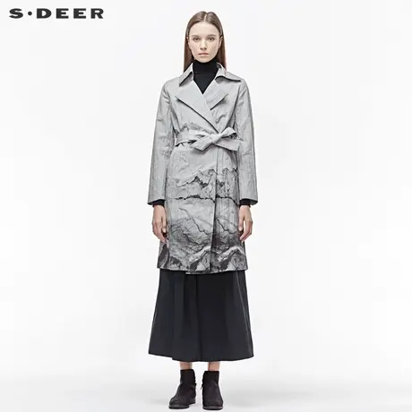 sdeer圣迪奥女装翻领时尚水墨晕染插袋系带收腰长款风衣S19381862图片