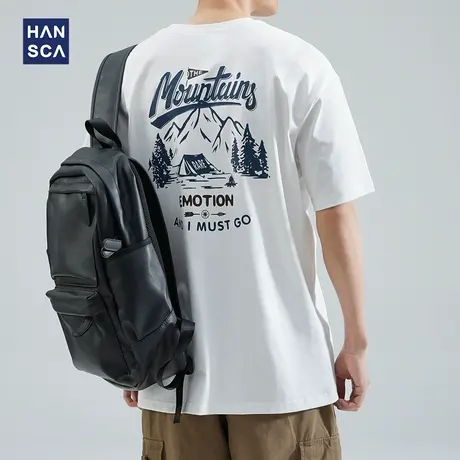 hansca 260g重磅短袖t恤男士夏季潮牌美式宽松圆领印花纯棉打底衫图片