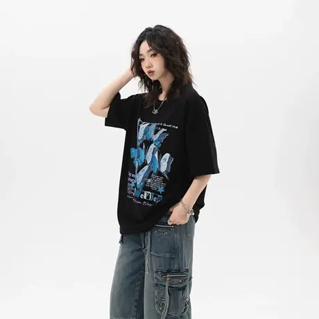 YEP复古蝴蝶印花短袖t恤女夏季2025新款纯棉国潮宽松半袖情侣上衣图片