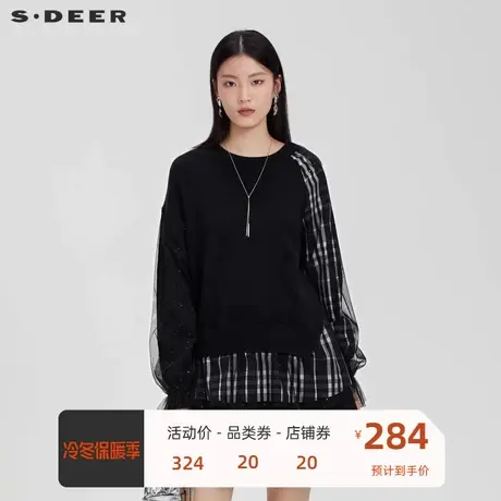 sdeer圣迪奥女装罗纹圆领格纹网纱拼接针织衫S223Z3591图片