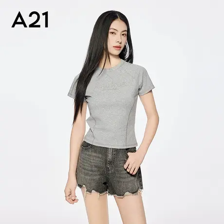 A21女装花灰字母贴布圆领T恤简约休闲短款修身薄上衣美式复古显瘦图片