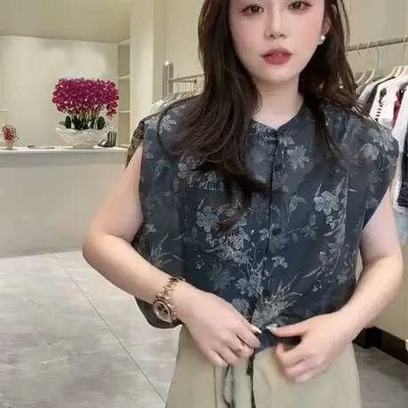 韩系微透碎花无袖衬衫女夏季25新款宽松显瘦洋气下摆抽绳小衫上衣图片