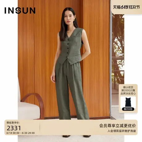 INSUN恩裳2025夏季复古亚麻轻盈休闲直筒裤商品大图