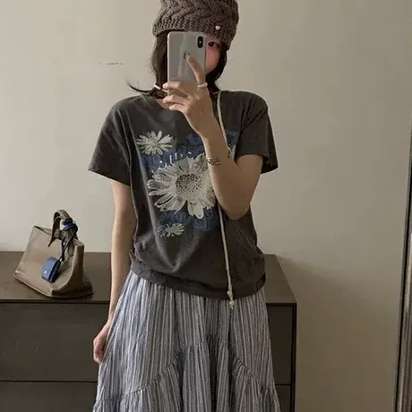 韩系百搭显瘦小雏菊印花雪花棉透气短袖T恤女百搭夏季半袖上衣服商品大图