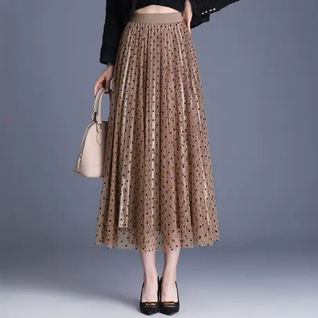 波点网纱半身裙女秋季新款高腰显瘦两面穿a字裙中长款丝绒百褶裙商品大图