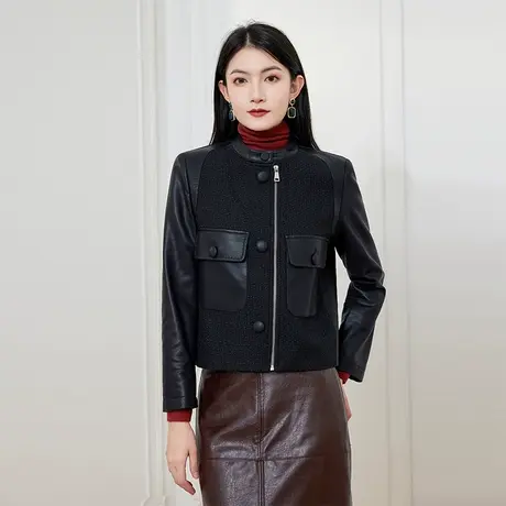 希区瑞普设计感圆领时尚PU皮拼接口袋宽松机车夹克短外套图片
