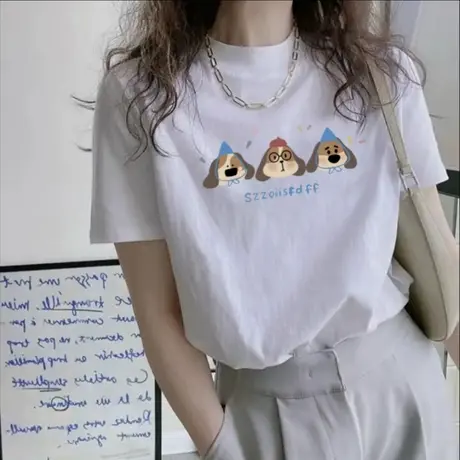 白色夏季正肩短袖t恤女2025新款纯棉宽松可爱卡通印花设计感上衣图片