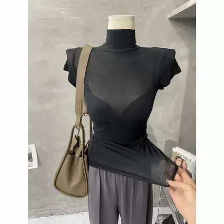 chao柔亲肤～薄透高领短袖T恤打底衫女性感紧身纯色上衣黑色新款商品大图