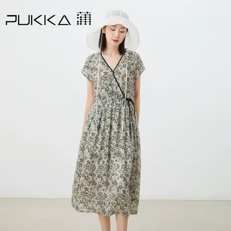 蒲PUKKA 原创设计夏季新品苎麻印花新中式斜门襟显瘦连衣裙商品大图