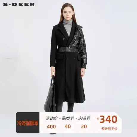 sdeer圣迪奥个性羽绒拼接收腰长款毛呢大衣女外套S20481836🥤商品大图