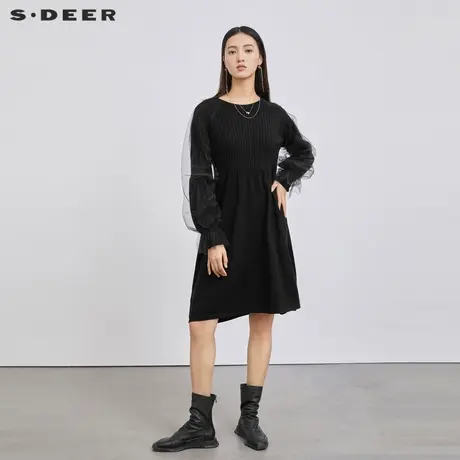 sdeer圣迪奥女装圆领网纱针织长袖连衣裙S224Z1209商品大图