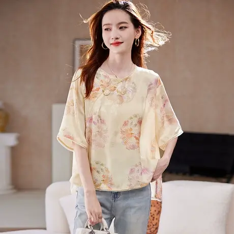 宝诗黎新中式印花五分袖上衣2025夏季宽松慵懒休闲气质国风女装图片