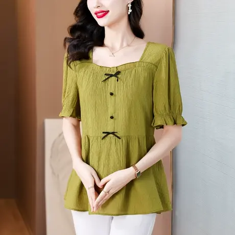 方领短袖雪纺衫女独特设计感时尚妈妈夏装大码宽松显瘦遮肚女上衣商品大图