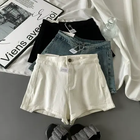 辣妹裤脚弧边高腰牛仔短裤女美式春夏款弹力修身包臀阔脚a字热裤商品大图