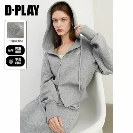 DPLAY2025春季新款休闲运动灰色卫衣女宽松短款连帽上衣套装长袖商品大图