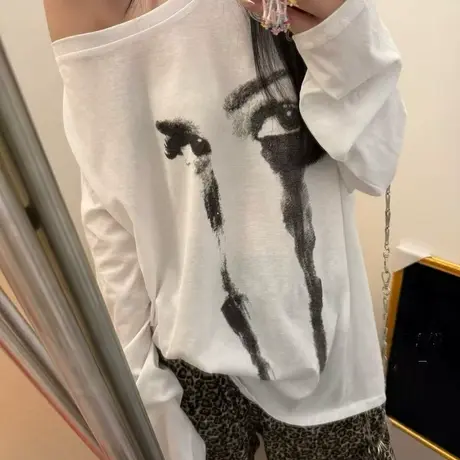 韩国东大门夏季新款韩版宽松百搭斜领露肩长袖T恤女上衣防晒罩衫商品大图