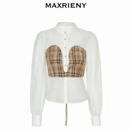【奥莱】MAXRIENY格纹雪纺假两件衬衫美拉德穿搭上衣图片