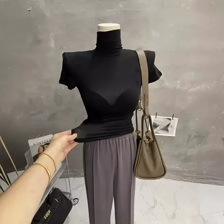 性感微透～韩式薄款高领打底衫女短袖T恤纯色紧身内搭上衣2024夏图片
