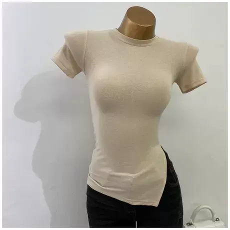 纯欲透视设计款～不规则开叉上衣修身显瘦短袖T恤打底衫2021新款图片