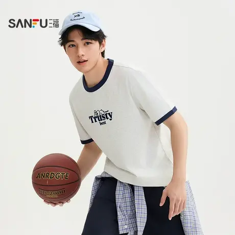 三福2025秋季男士植绒印花撞色短T恤 休闲宽松圆领上衣506185商品大图