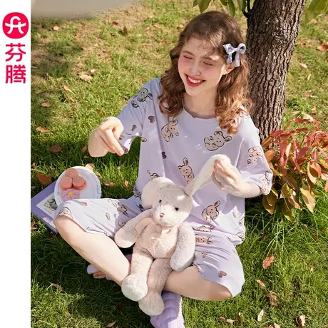 芬腾女士睡衣夏季薄款纯棉短袖女款卡通可爱加大码全棉家居服套装图片