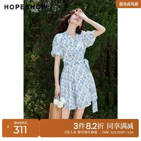 红袖outlets蓝色碎花裙hopeshow2023夏季新款女灯笼袖系带雪纺裙图片