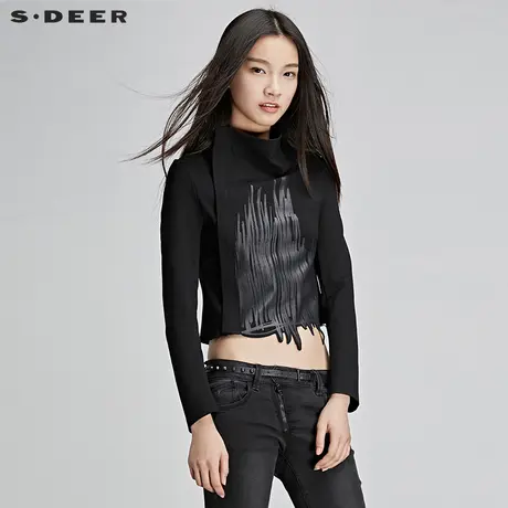 sdeer圣迪奥女装2019春装酷感光泽胶印斜襟立领短款外套S17182252图片