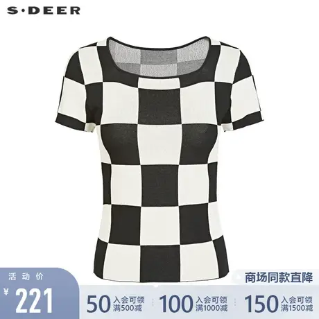 sdeer圣迪奥女装夏装22新款方领撞色格纹短袖针织衫上衣S222Z3526图片